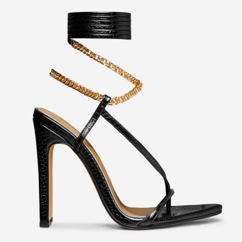 VIBEZ LACE UP CHAIN STRAP POINTED TOE STILETTO HEEL IN BLACK METALLIC